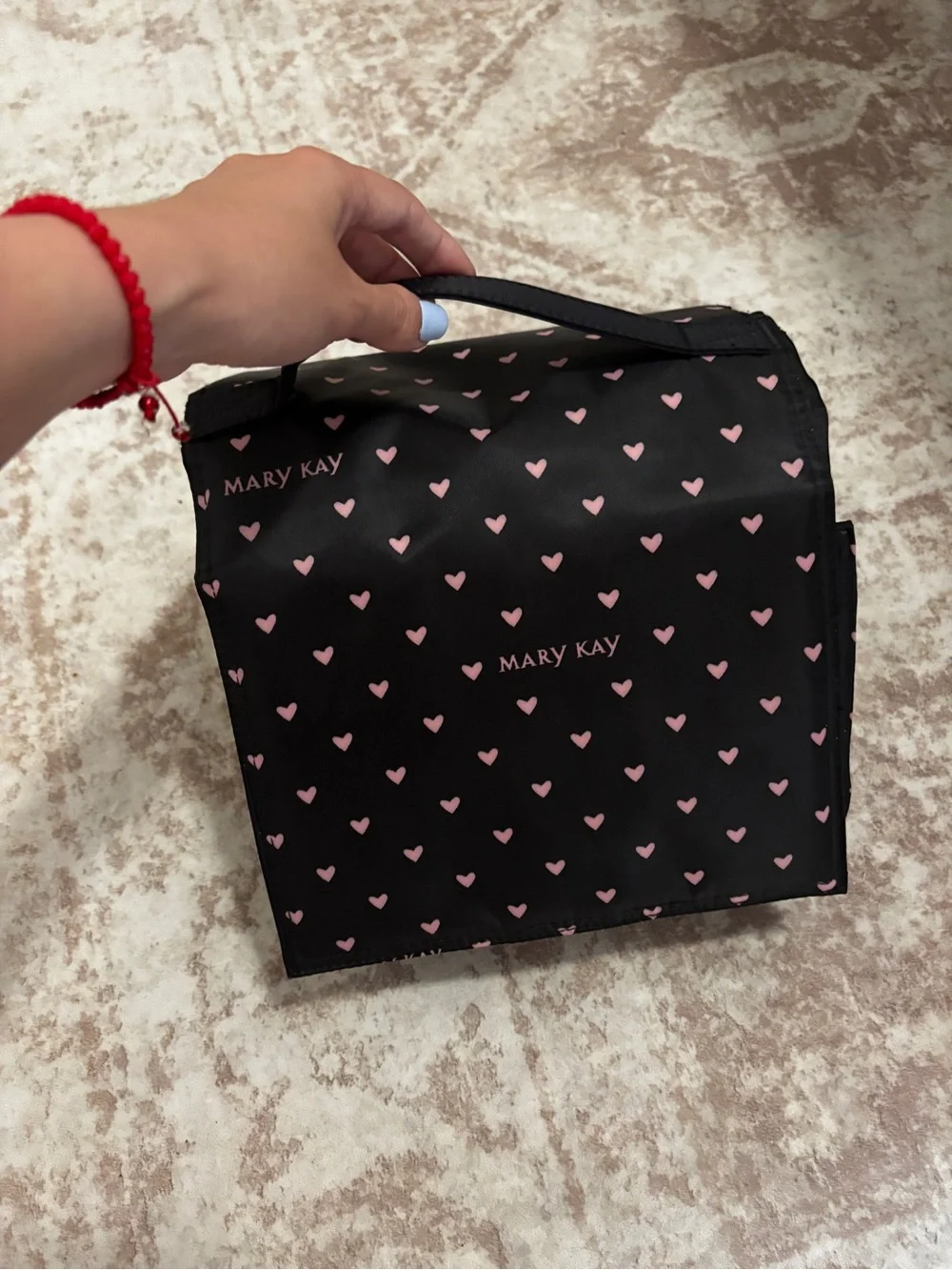 Mary Kay Black Cosmetic Bag with Pink Heart Print